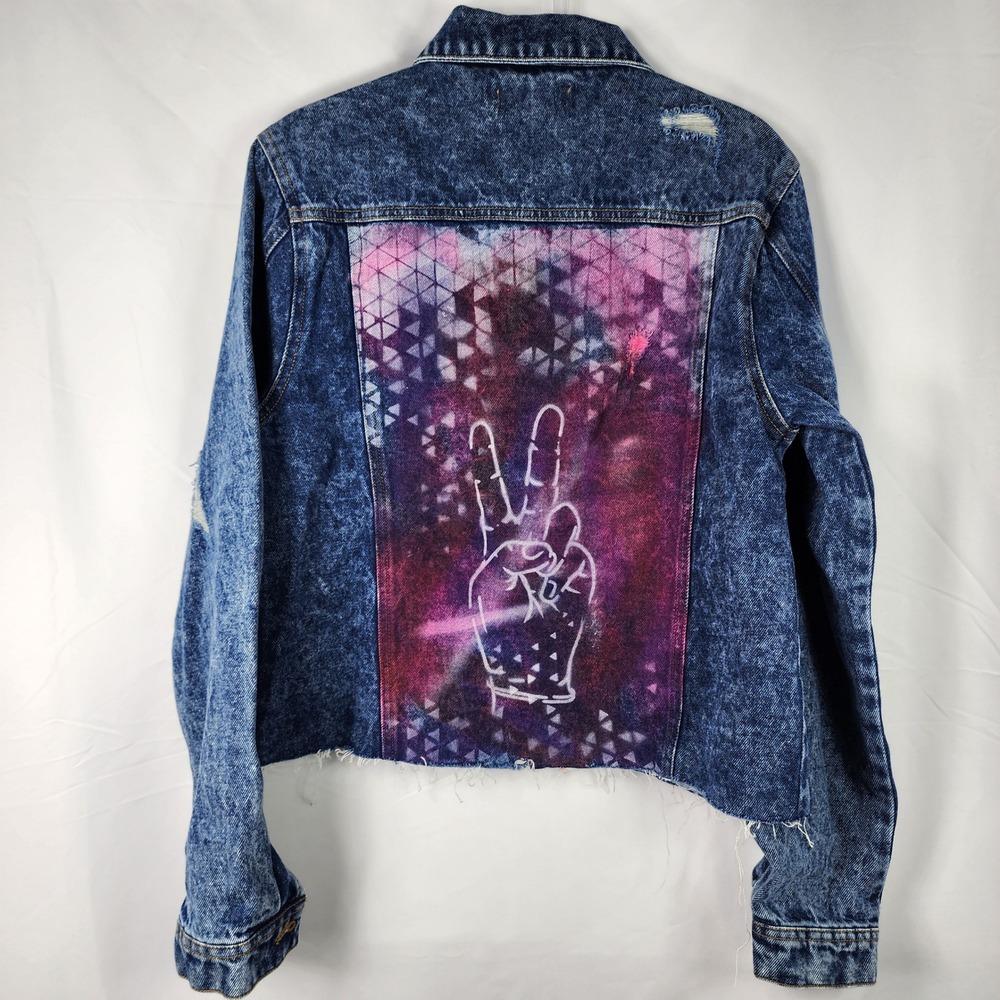 Y2K Cropped Denim Jacket Womens Small PEACE Sign‎ Graphic Artsy Festival Indie